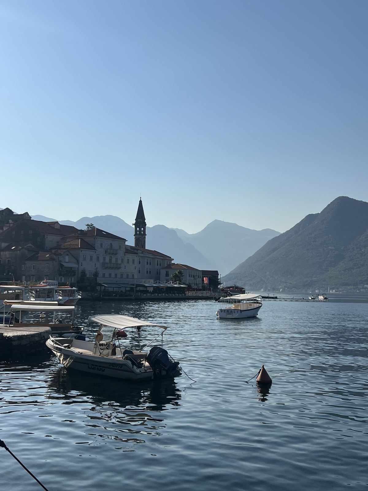 Boats moored off Perast on the Bay of Kotor, Montenegro