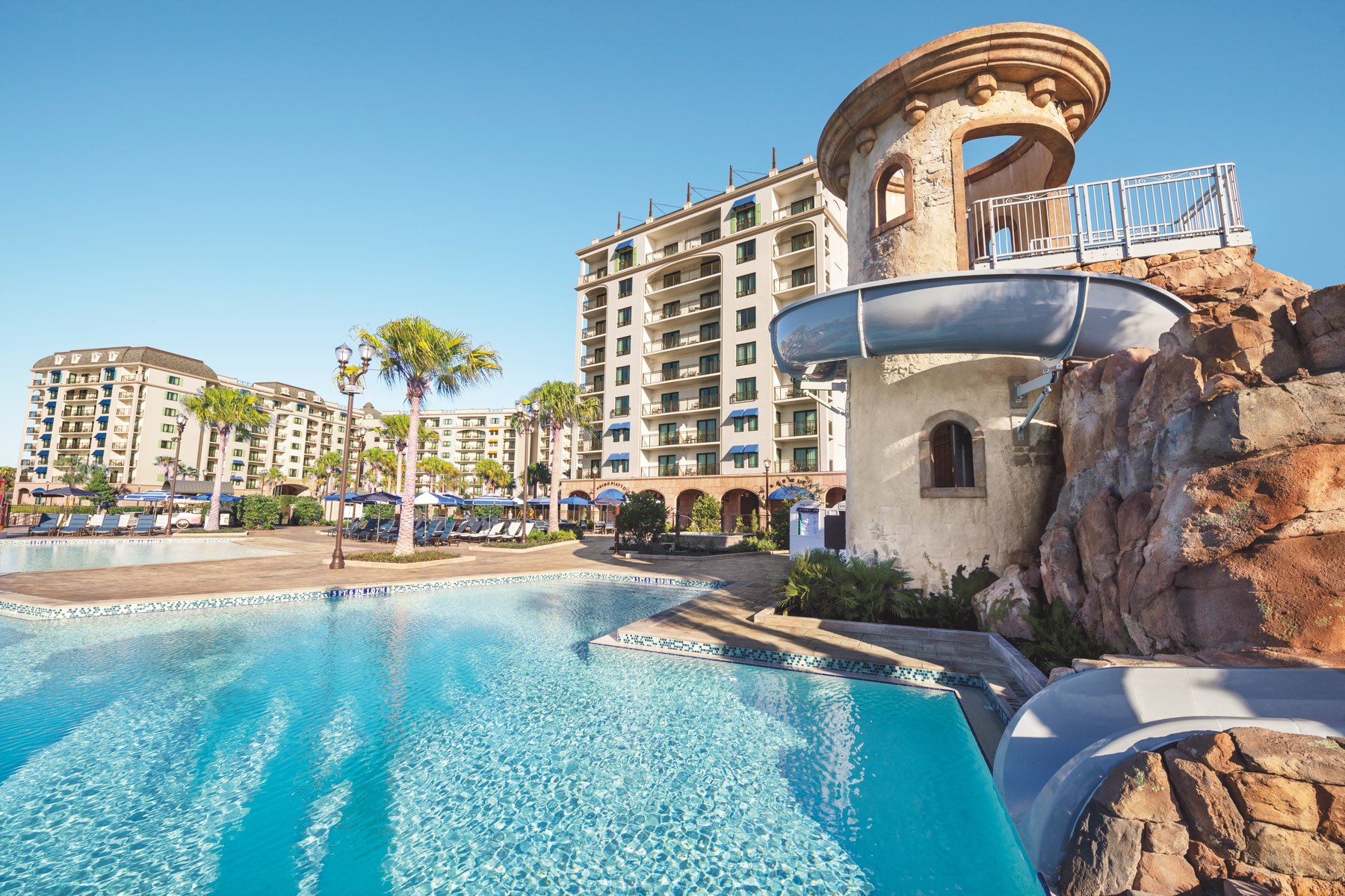 The pool and slide tower at Disney's Riviera Resort